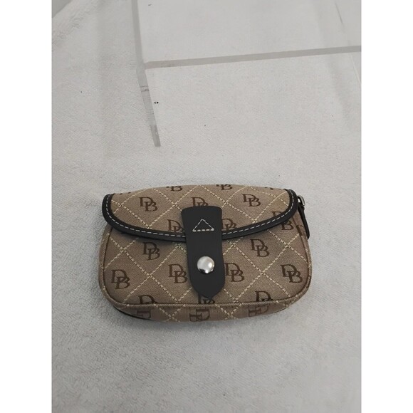 Dooney & Bourke Signature DB Logo Brown Wristlet Pouch Snap Front Leather Strap - Picture 1 of 3